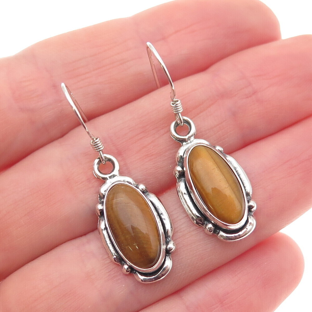 Five Star 925 Sterling Silver Vintage Real Tiger Eye Oxidized Dangle Earrings